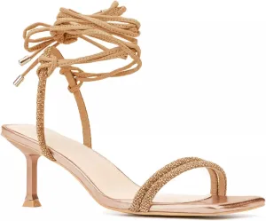 Coutgo Womens Strappy Lace Up Heels Sandals Square Toe Rhinestone Kitten Heel Sexy Party Wedding Dress Shoes