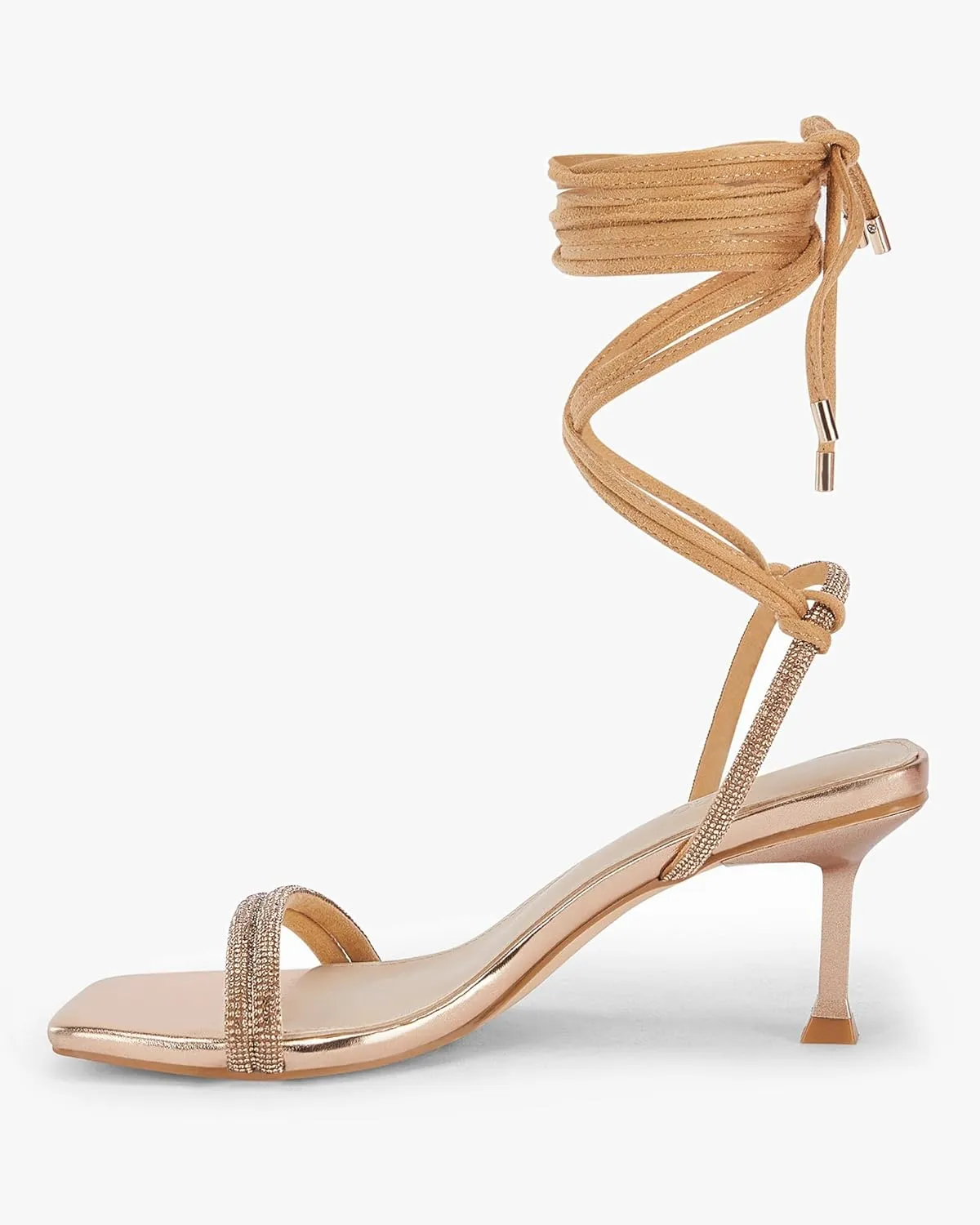 Coutgo Womens Strappy Lace Up Heels Sandals Square Toe Rhinestone Kitten Heel Sexy Party Wedding Dress Shoes