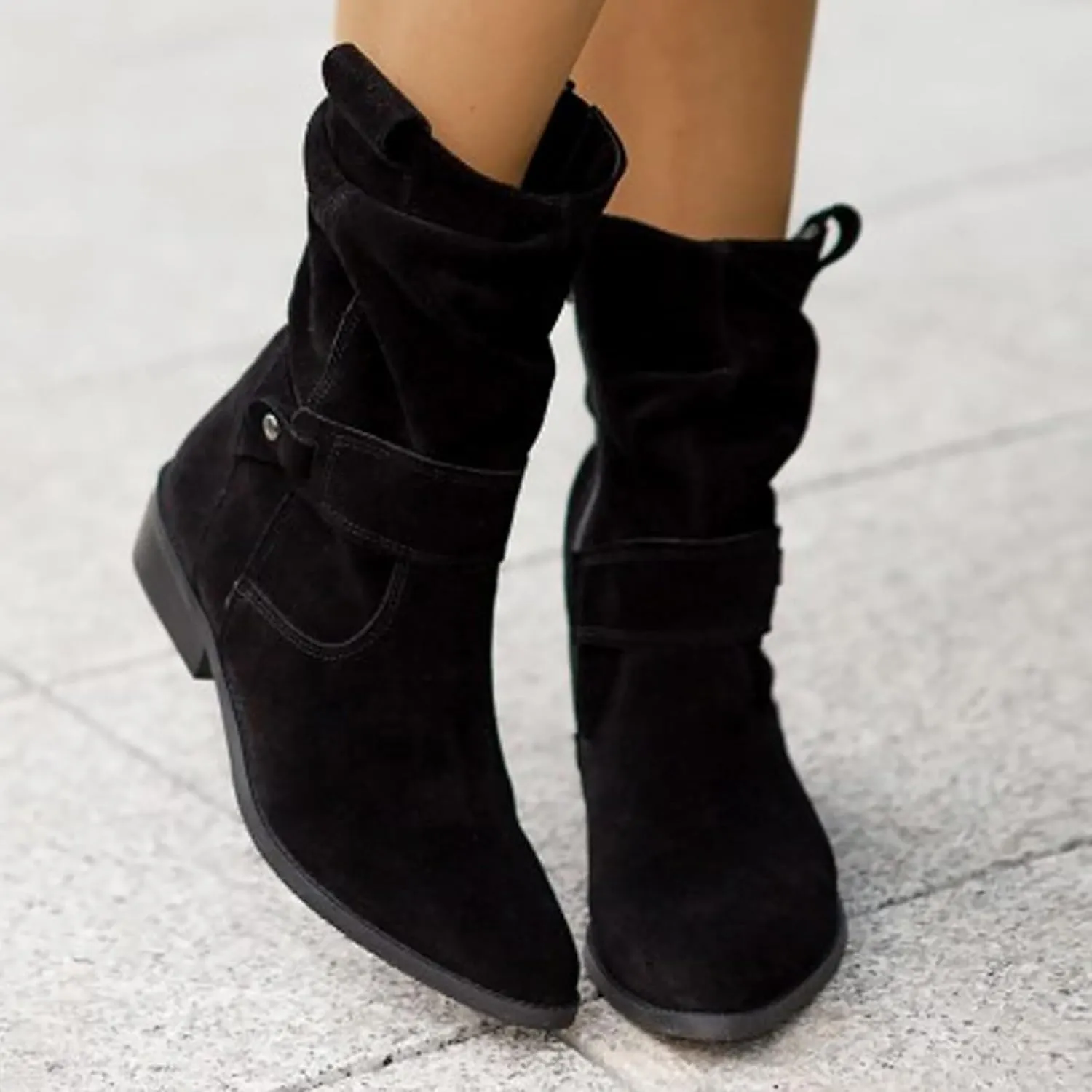 Cowboy Boots for Women Casual Mid Calf Flat Boots Pull on Round Toe Side Zip Cowgirl Fall and Winter Fashion Boots