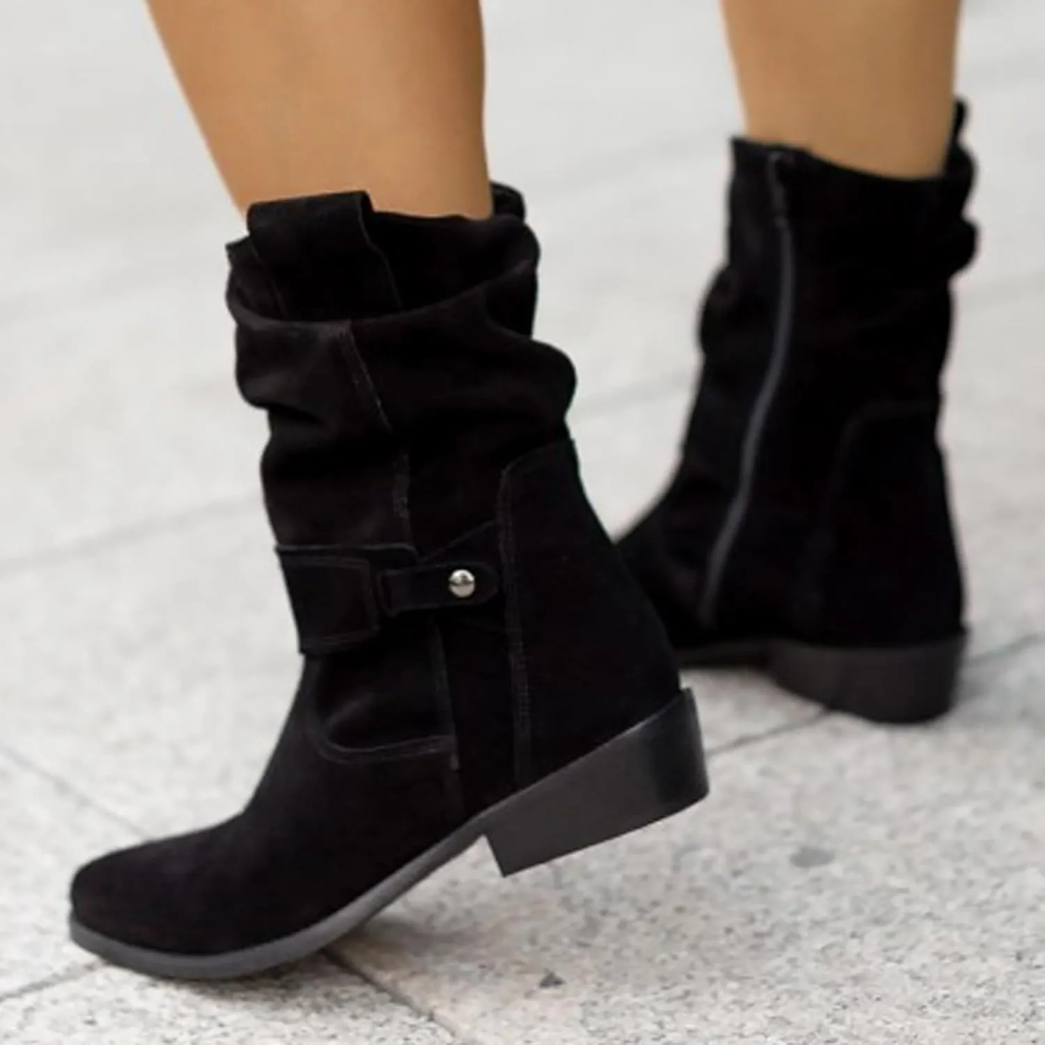 Cowboy Boots for Women Casual Mid Calf Flat Boots Pull on Round Toe Side Zip Cowgirl Fall and Winter Fashion Boots