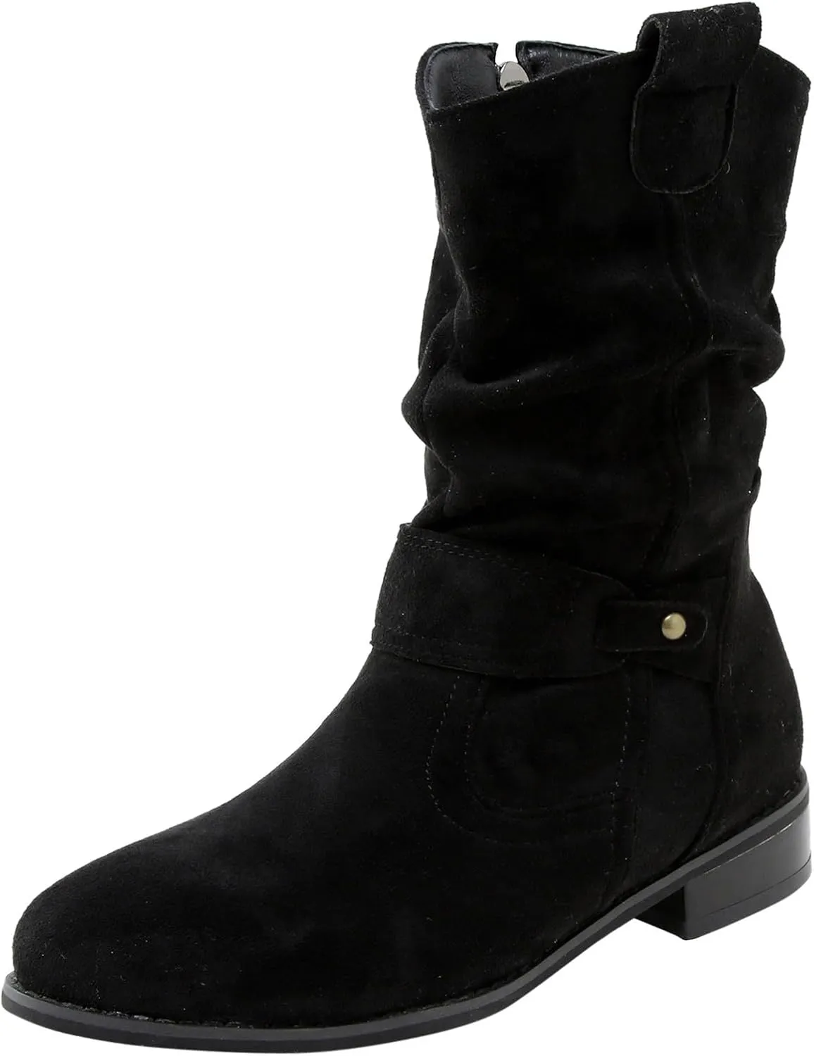 Cowboy Boots for Women Casual Mid Calf Flat Boots Pull on Round Toe Side Zip Cowgirl Fall and Winter Fashion Boots
