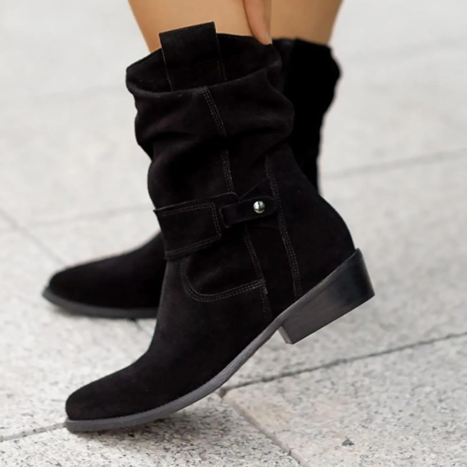 Cowboy Boots for Women Casual Mid Calf Flat Boots Pull on Round Toe Side Zip Cowgirl Fall and Winter Fashion Boots