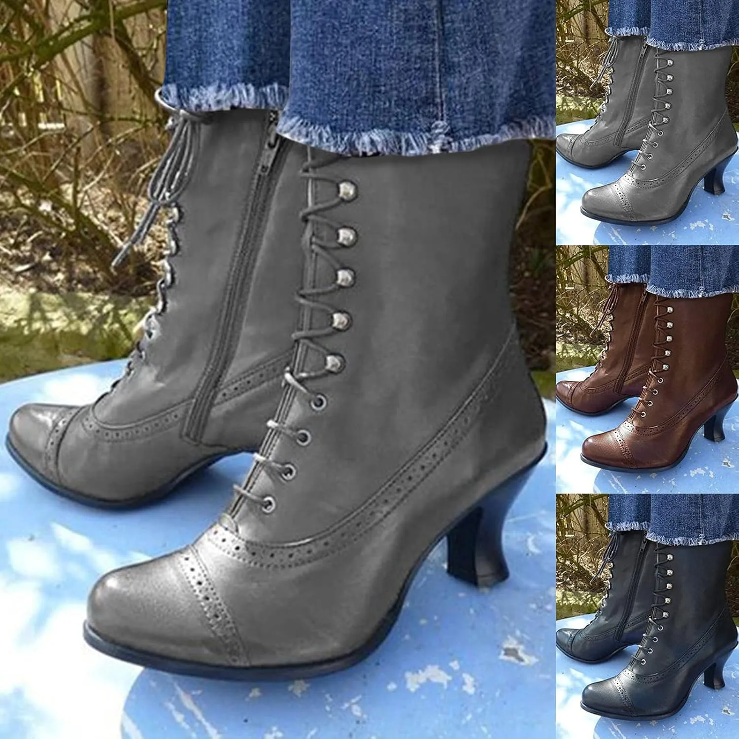 Cowboy Boots for Women, Womens Vintage Renaissance Boots Victorian Mid Calf Boots Costume Lace Up High Heels
