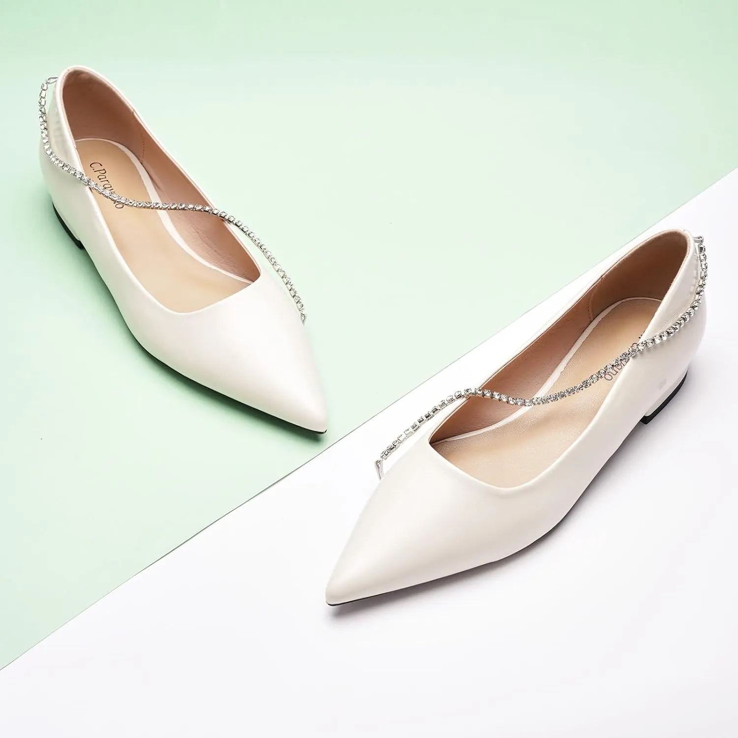 C.Paravano Crystal Chain Pointed Toe Flats Comfortable Party Dressy Shoes for Women Designer Shoes Women's Flats