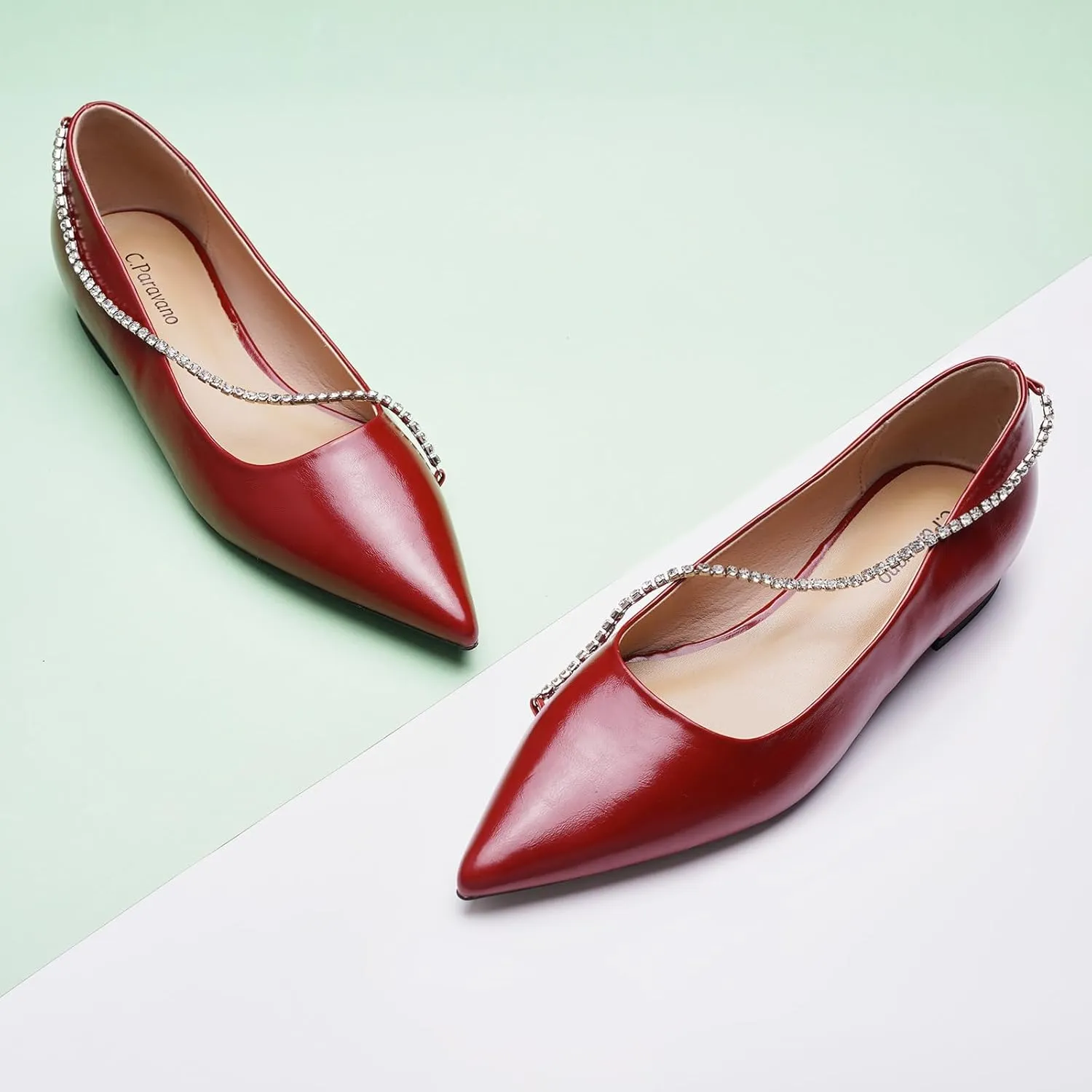 C.Paravano Crystal Chain Pointed Toe Flats Comfortable Party Dressy Shoes for Women Designer Shoes Women's Flats