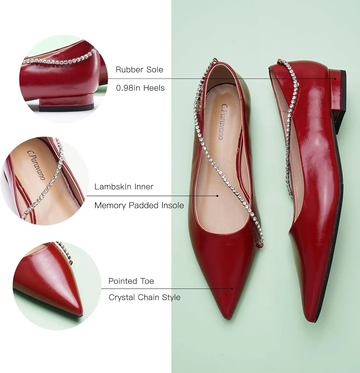 C.Paravano Crystal Chain Pointed Toe Flats Comfortable Party Dressy Shoes for Women Designer Shoes Women's Flats