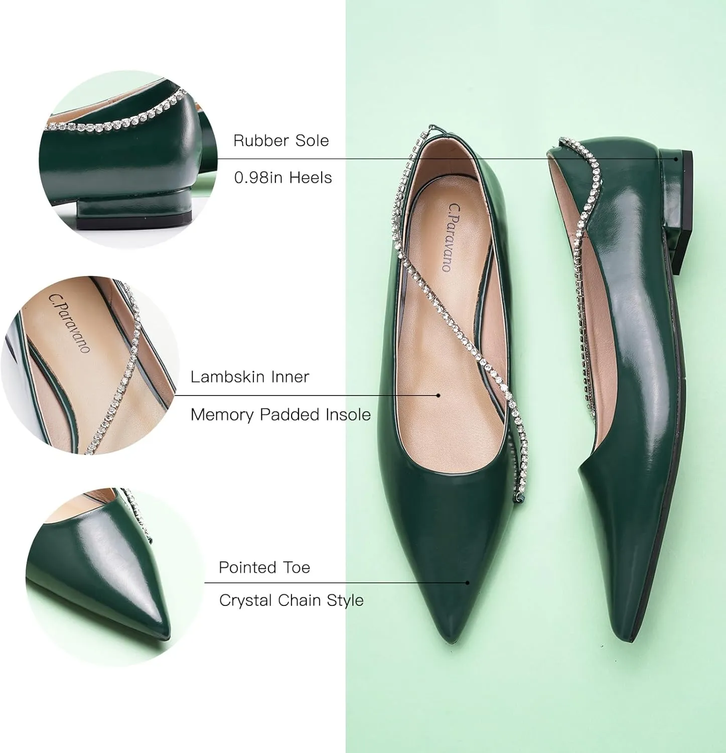 C.Paravano Crystal Chain Pointed Toe Flats Comfortable Party Dressy Shoes for Women Designer Shoes Women's Flats