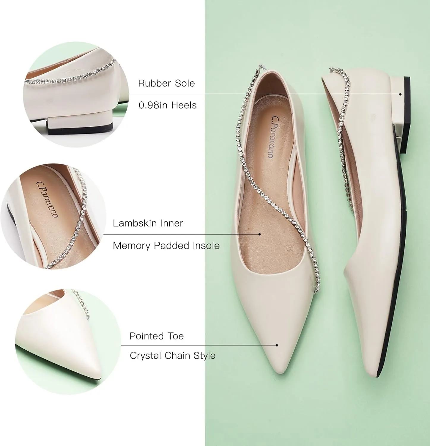C.Paravano Crystal Chain Pointed Toe Flats Comfortable Party Dressy Shoes for Women Designer Shoes Women's Flats
