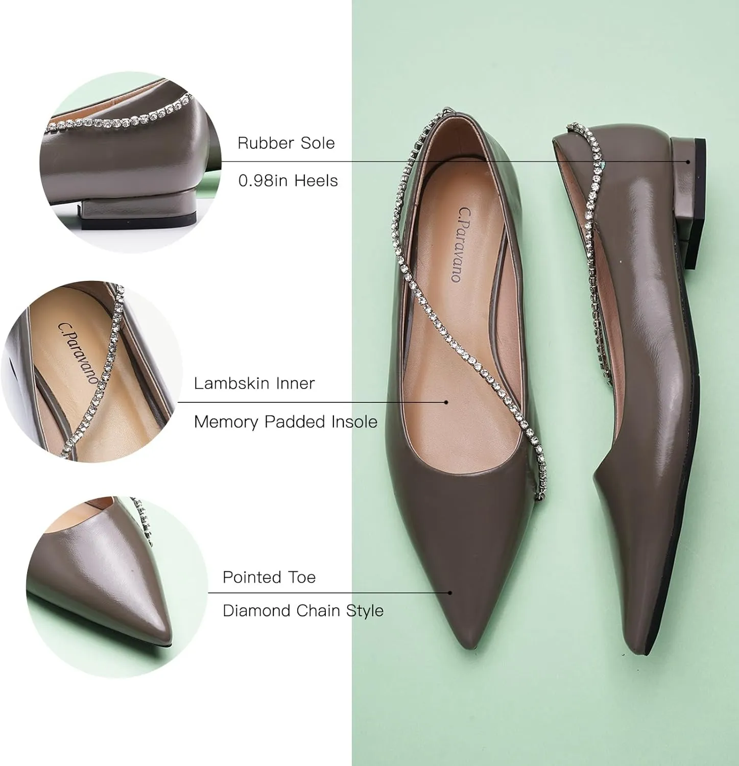 C.Paravano Crystal Chain Pointed Toe Flats Comfortable Party Dressy Shoes for Women Designer Shoes Women's Flats