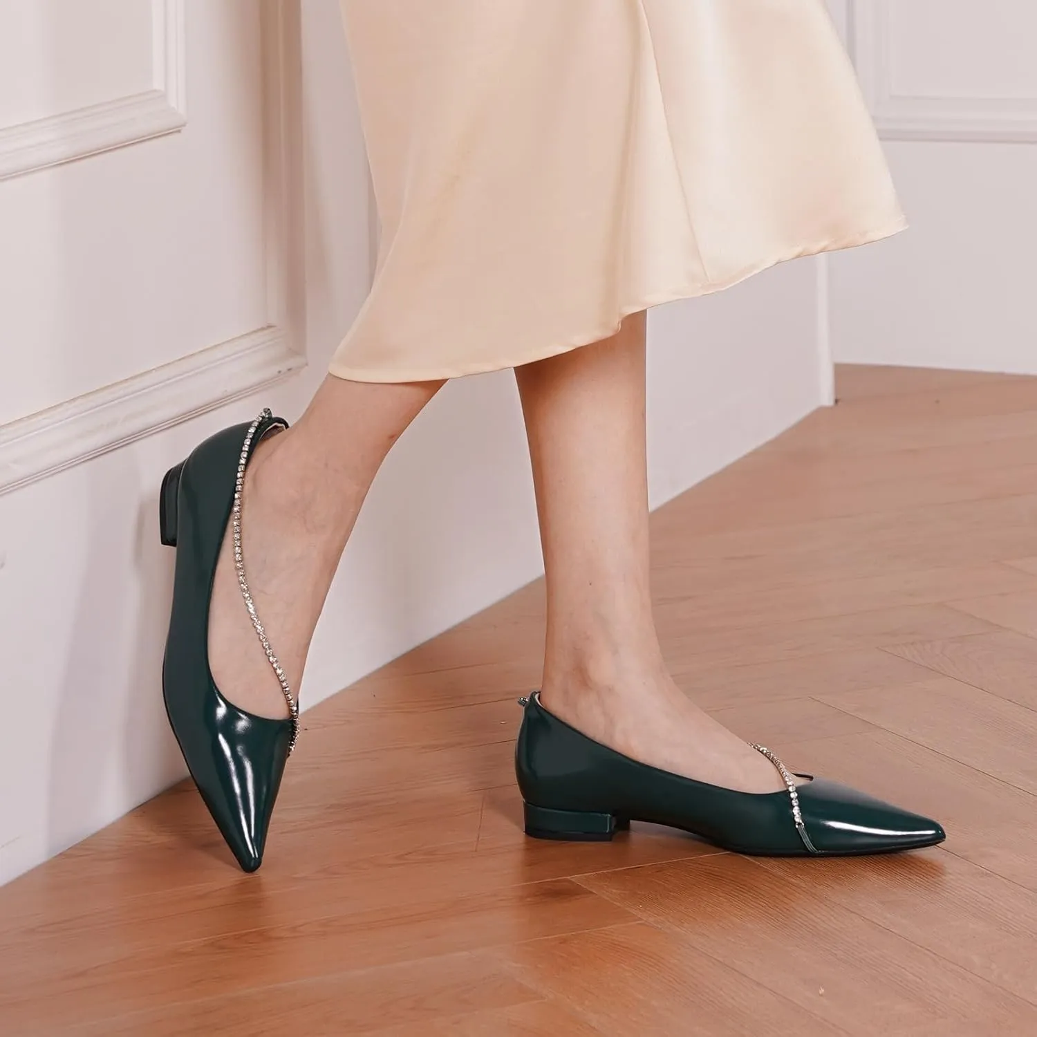 C.Paravano Crystal Chain Pointed Toe Flats Comfortable Party Dressy Shoes for Women Designer Shoes Women's Flats