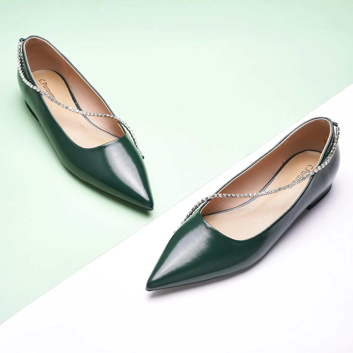 C.Paravano Crystal Chain Pointed Toe Flats Comfortable Party Dressy Shoes for Women Designer Shoes Women's Flats
