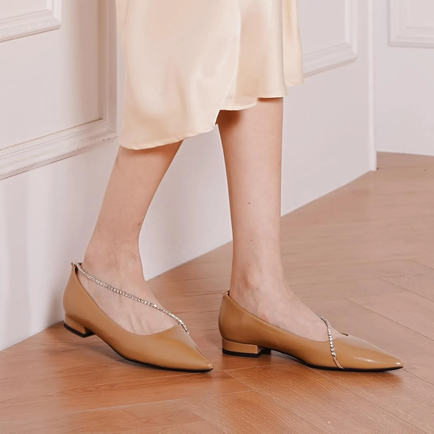 C.Paravano Crystal Chain Pointed Toe Flats Comfortable Party Dressy Shoes for Women Designer Shoes Women's Flats