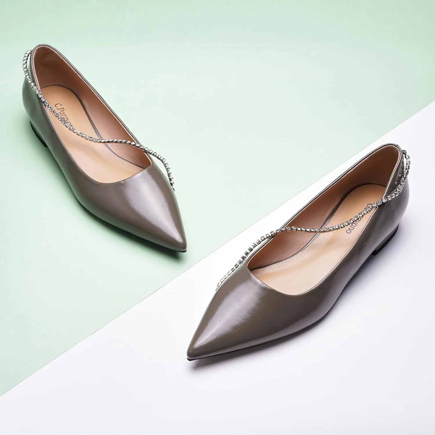 C.Paravano Crystal Chain Pointed Toe Flats Comfortable Party Dressy Shoes for Women Designer Shoes Women's Flats