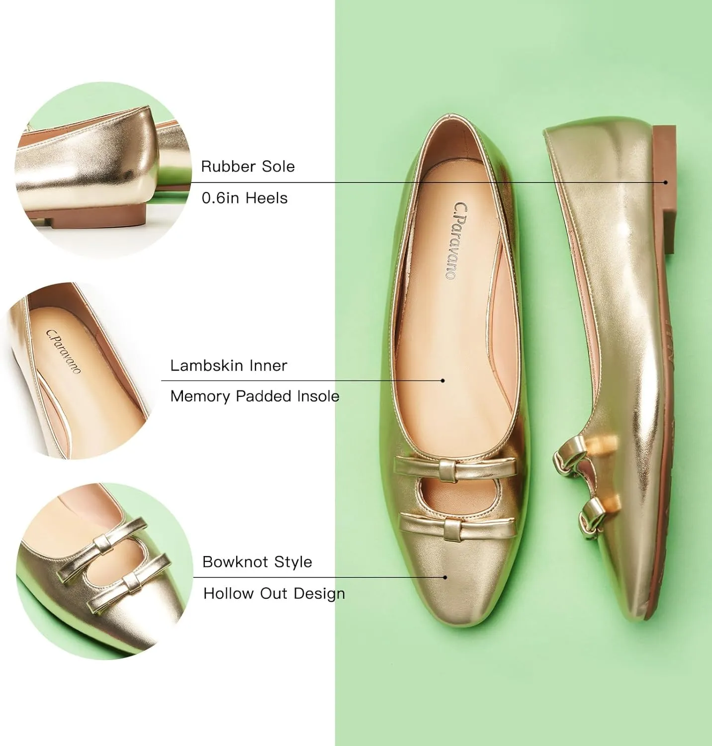 C.Paravano Women's Ballet Flats Bowknot Hollow-Out Design Round Toe Dress Shoes for Women Comfortable Business Office Work Casual Shoes