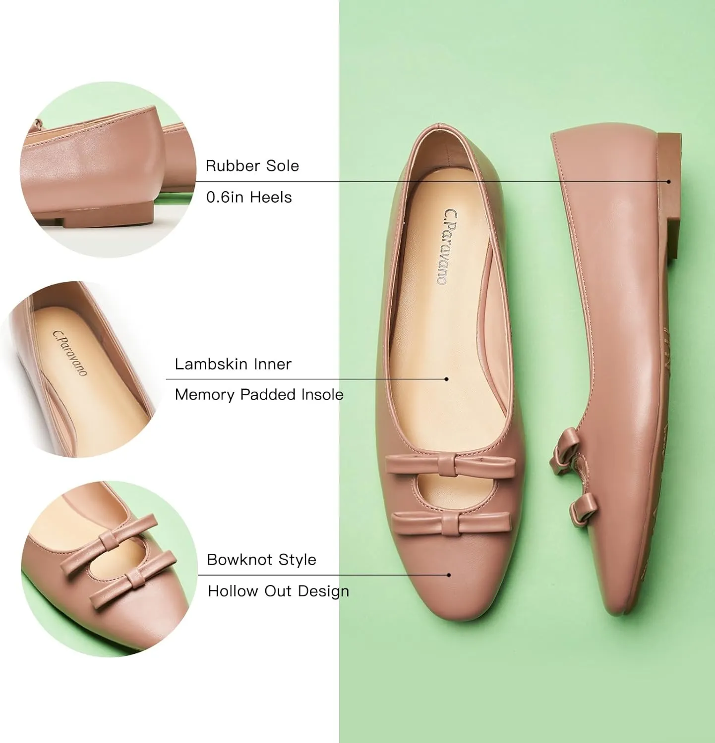 C.Paravano Women's Ballet Flats Bowknot Hollow-Out Design Round Toe Dress Shoes for Women Comfortable Business Office Work Casual Shoes