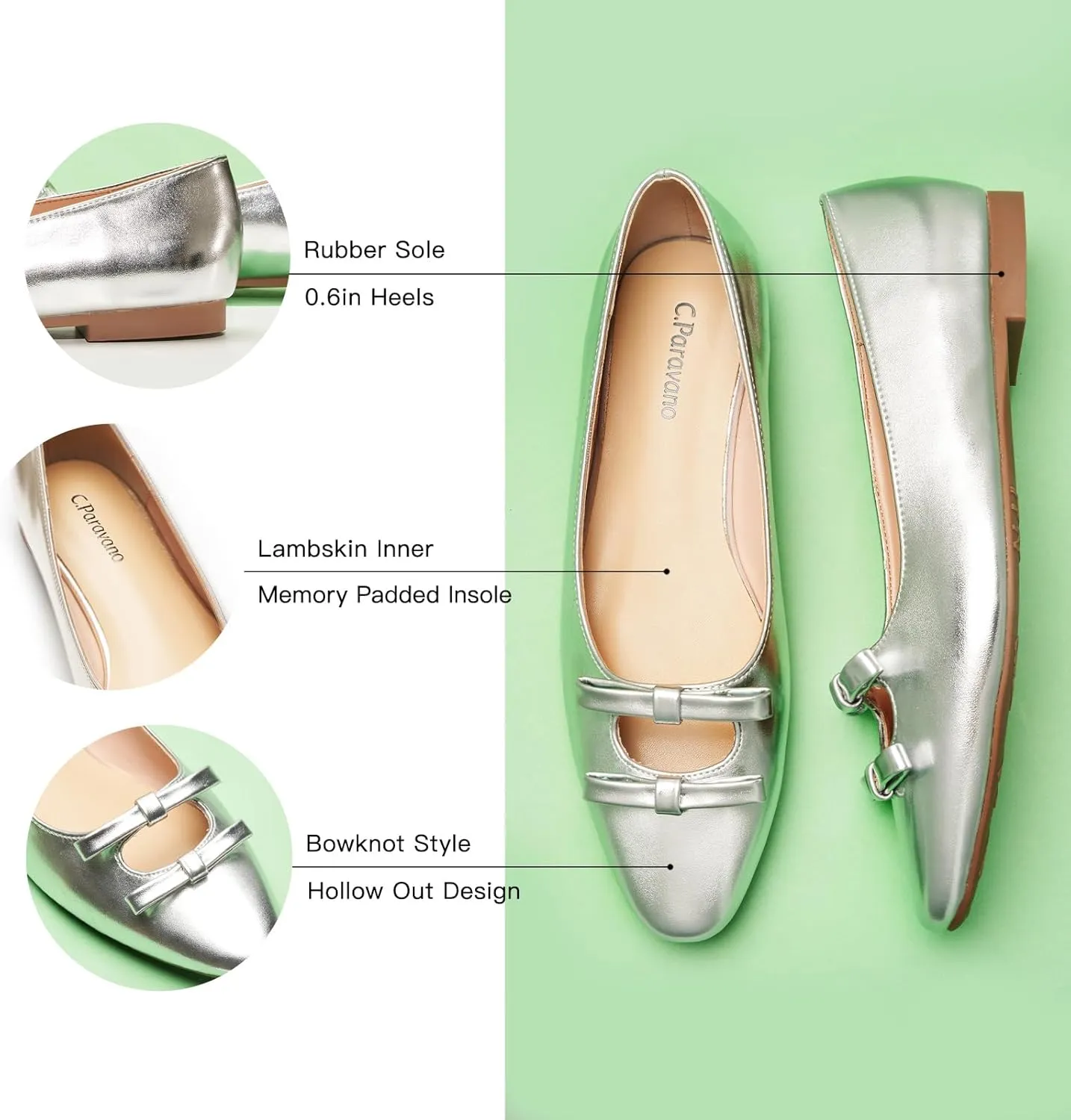 C.Paravano Women's Ballet Flats Bowknot Hollow-Out Design Round Toe Dress Shoes for Women Comfortable Business Office Work Casual Shoes