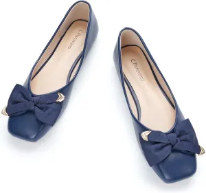 C.Paravano Women's Flats with Metallic Bow | Casual Square Toe Ballet Flats | Comfortable Slip On Shoes | Women Dressy Shoes for Walking Wedding Work Office