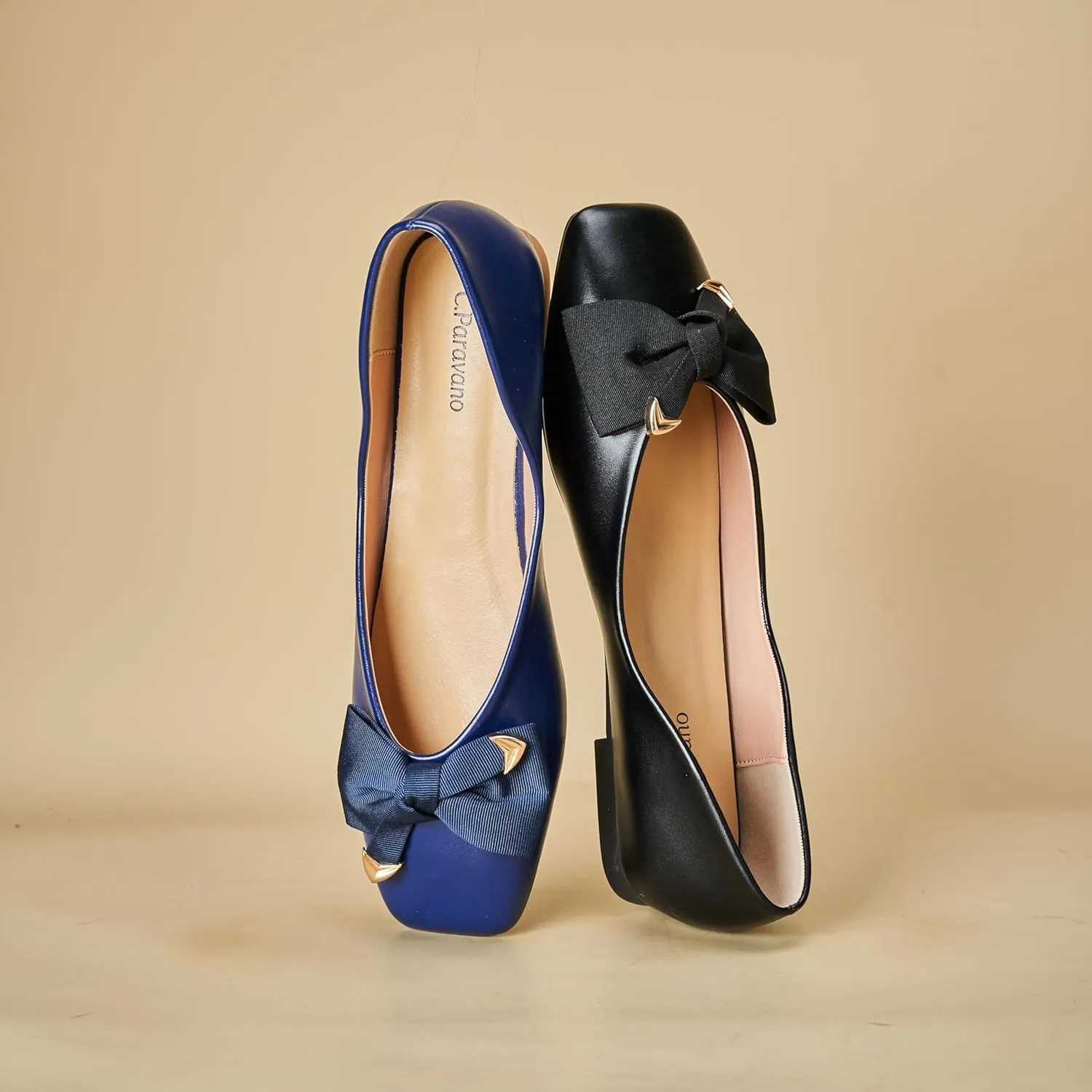 C.Paravano Women's Flats with Metallic Bow | Casual Square Toe Ballet Flats | Comfortable Slip On Shoes | Women Dressy Shoes for Walking Wedding Work Office
