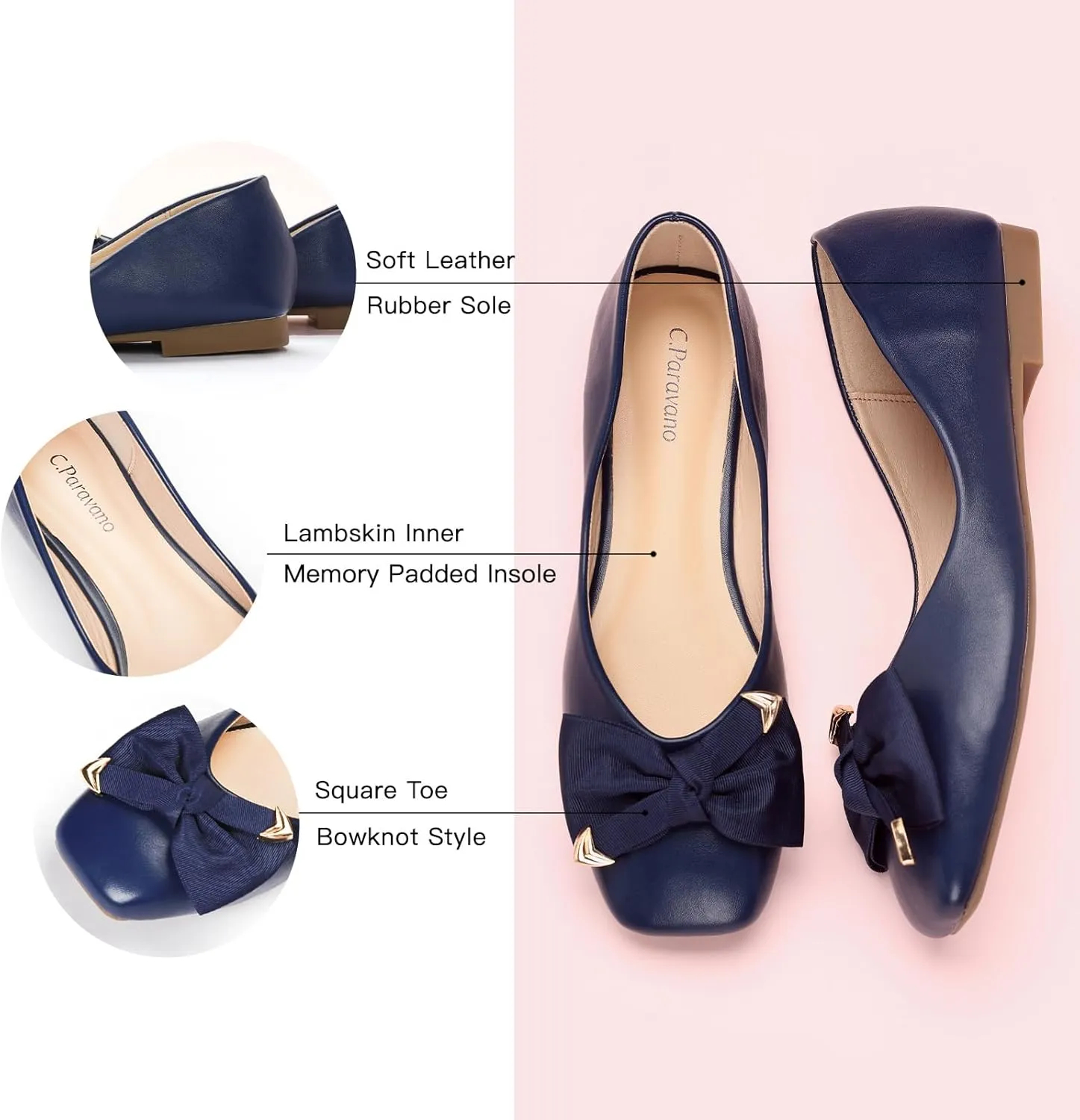 C.Paravano Women's Flats with Metallic Bow | Casual Square Toe Ballet Flats | Comfortable Slip On Shoes | Women Dressy Shoes for Walking Wedding Work Office