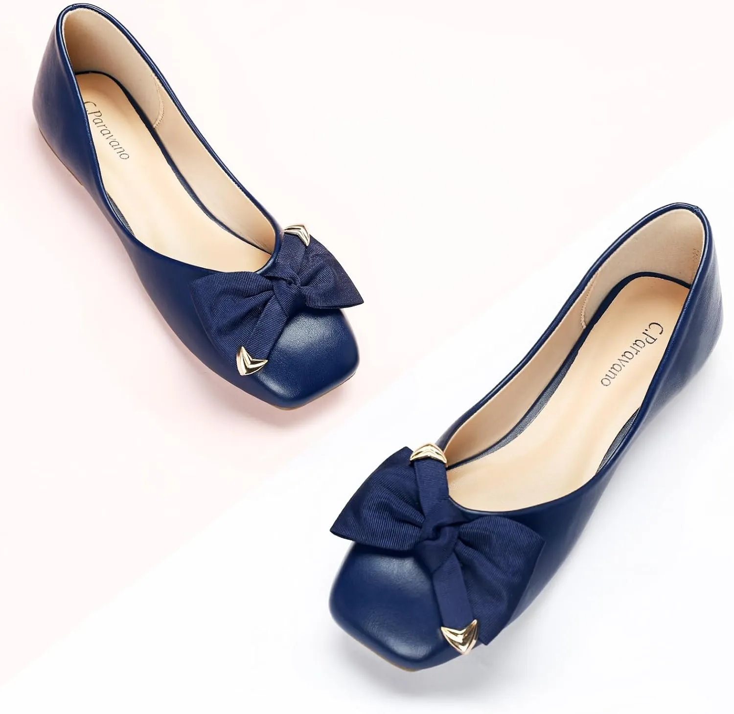 C.Paravano Women's Flats with Metallic Bow | Casual Square Toe Ballet Flats | Comfortable Slip On Shoes | Women Dressy Shoes for Walking Wedding Work Office