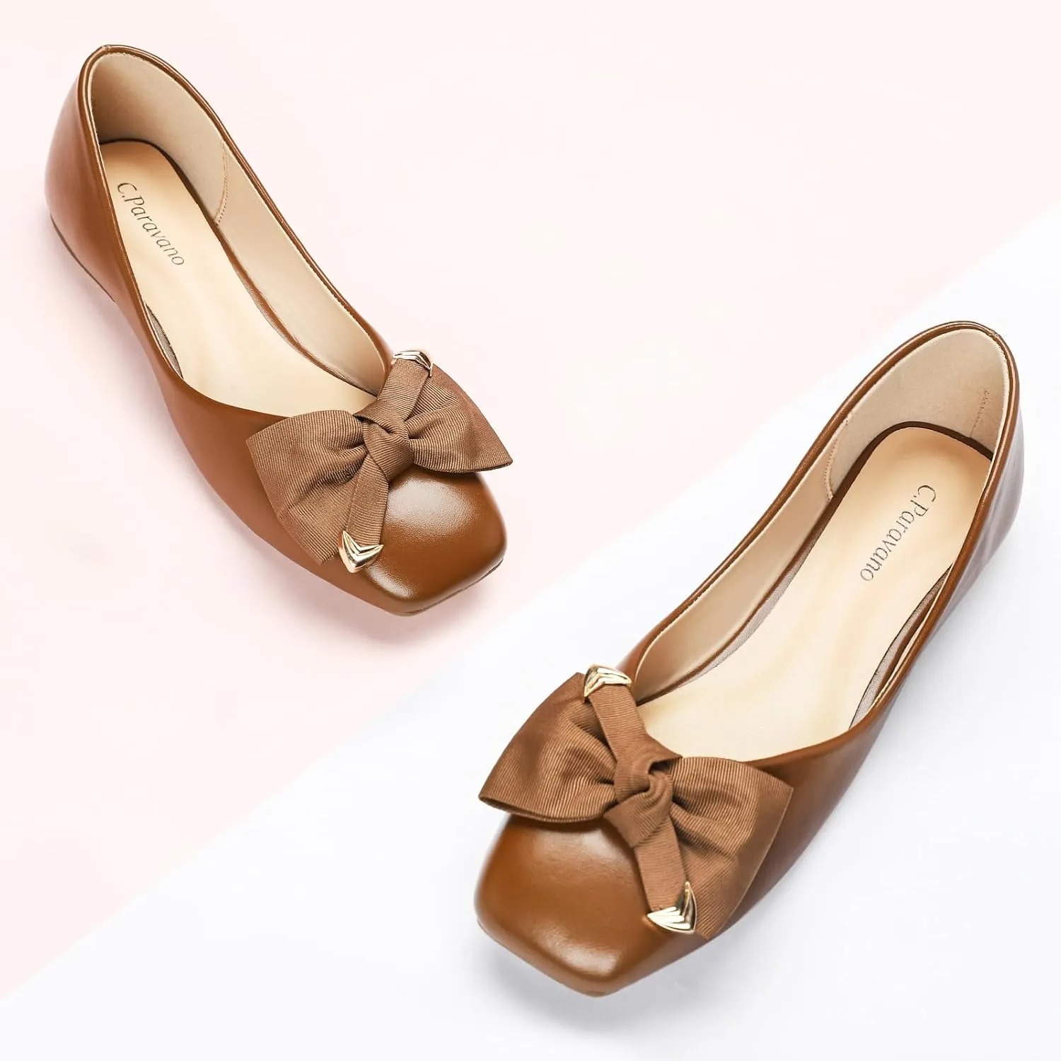 C.Paravano Women's Flats with Metallic Bow | Casual Square Toe Ballet Flats | Comfortable Slip On Shoes | Women Dressy Shoes for Walking Wedding Work Office