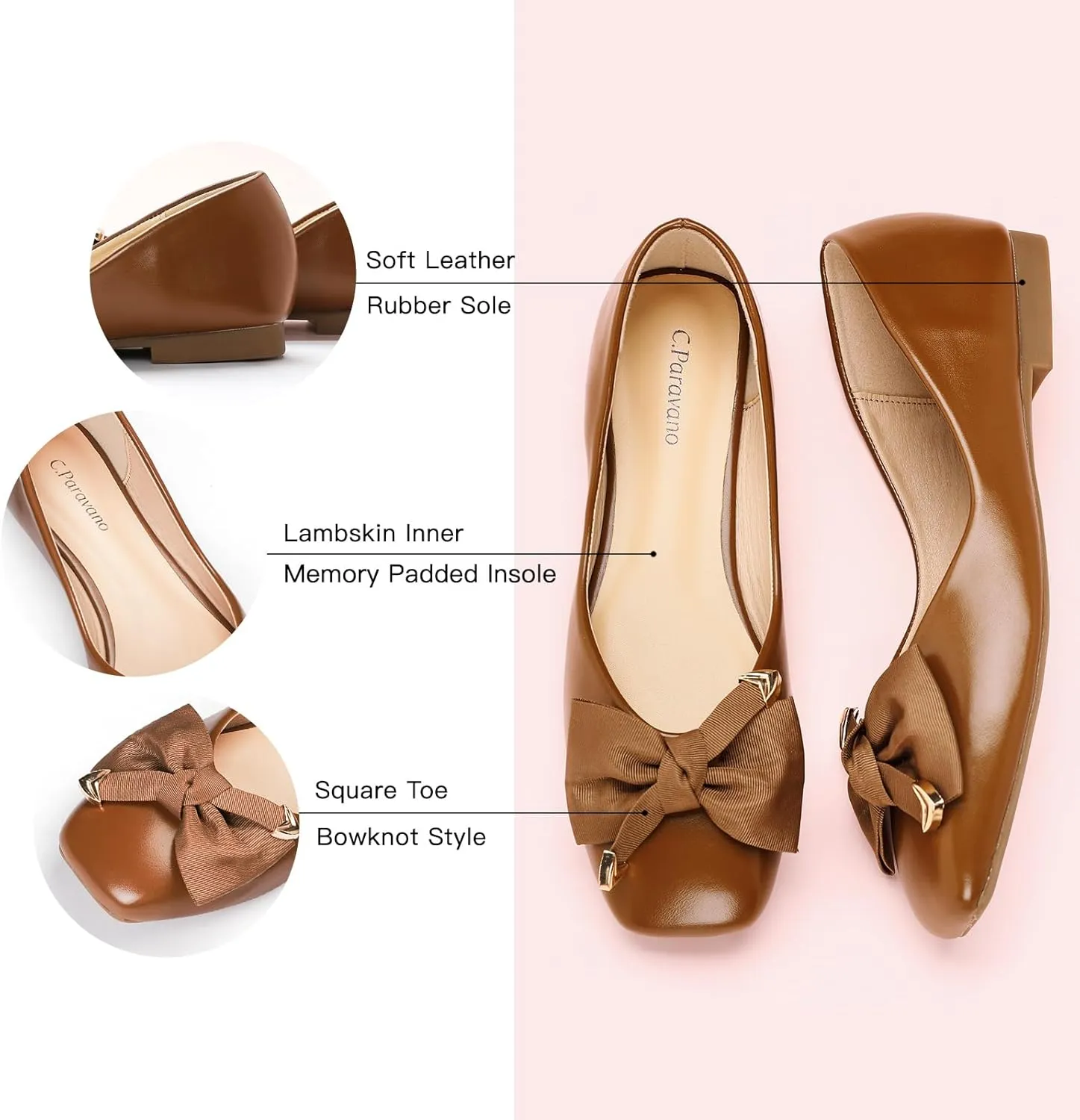 C.Paravano Women's Flats with Metallic Bow | Casual Square Toe Ballet Flats | Comfortable Slip On Shoes | Women Dressy Shoes for Walking Wedding Work Office