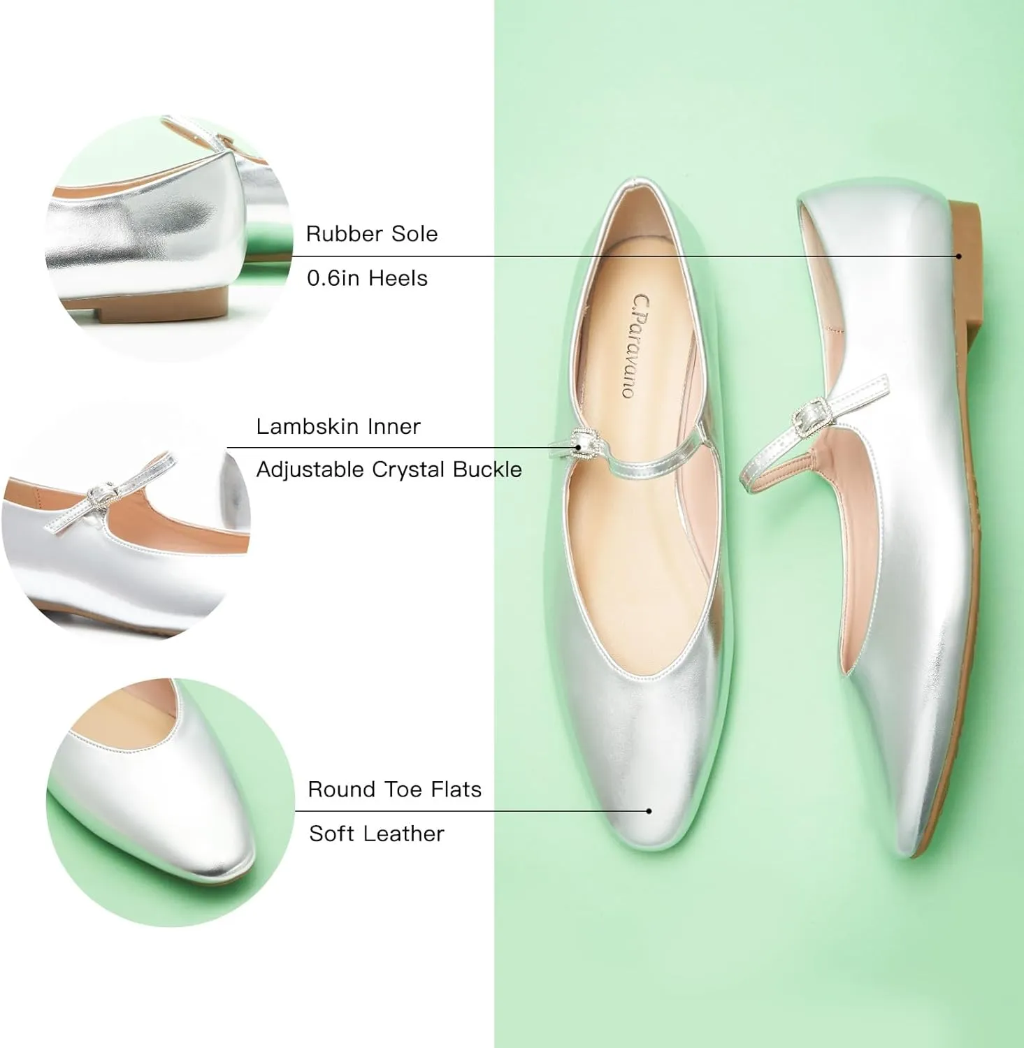 C.Paravano Women's Mary Jane Flats | Almond Toe Flats for Women | Leather Ballet Flats with Strap | Fashion Comfortable Work & Casual Shoes for Daily Wear,Walking