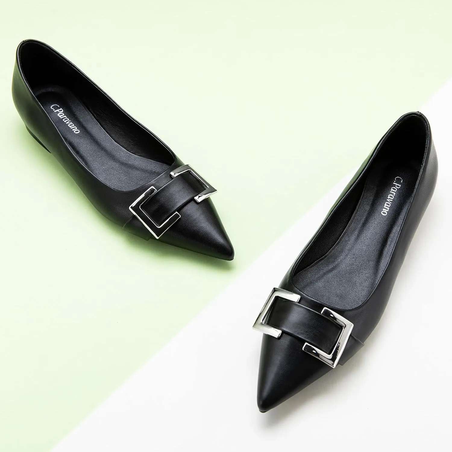 C.Paravano Women's Pointed Toe Flats | Soft Leather Ballet Shoes with Square Buckle | Comfortable Slip On Work Shoes | Dressy Flats for Office, Travel & Daily Wear
