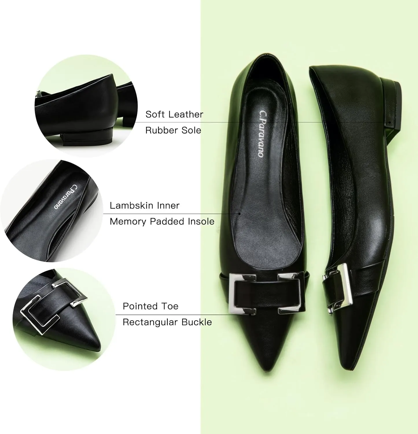 C.Paravano Women's Pointed Toe Flats | Soft Leather Ballet Shoes with Square Buckle | Comfortable Slip On Work Shoes | Dressy Flats for Office, Travel & Daily Wear