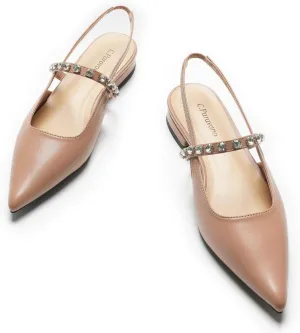 C.Paravano Women's Slingback Flats Crystal Strap Pointed Toe Sandals Comfortable Leather Dress Shoes for Wedding, Party, Work & Everyday Casual(Size 12,Silver)