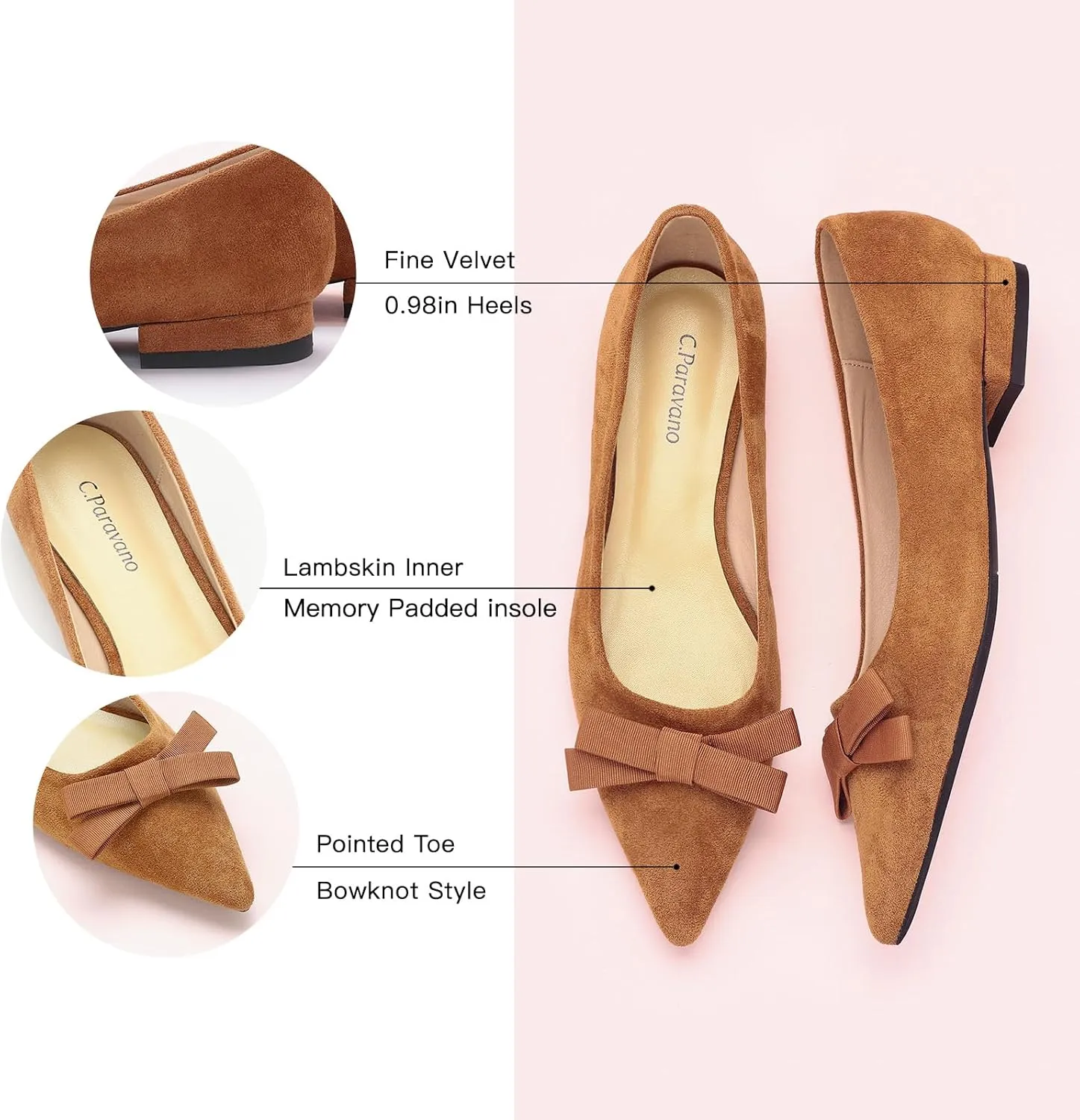C.Paravano Women's Suede Bow Knot Ballet Flats Pointed Toe Slip-On Comfort Shoes for Casual & Formal Wear