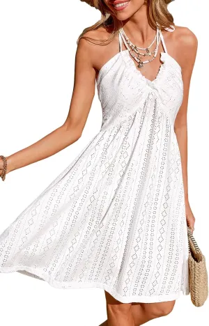CUPSHE Swimsuit Coverup for Women Summer Dresses Backless Eyelet Beach Cover Ups Halter Mini Dress