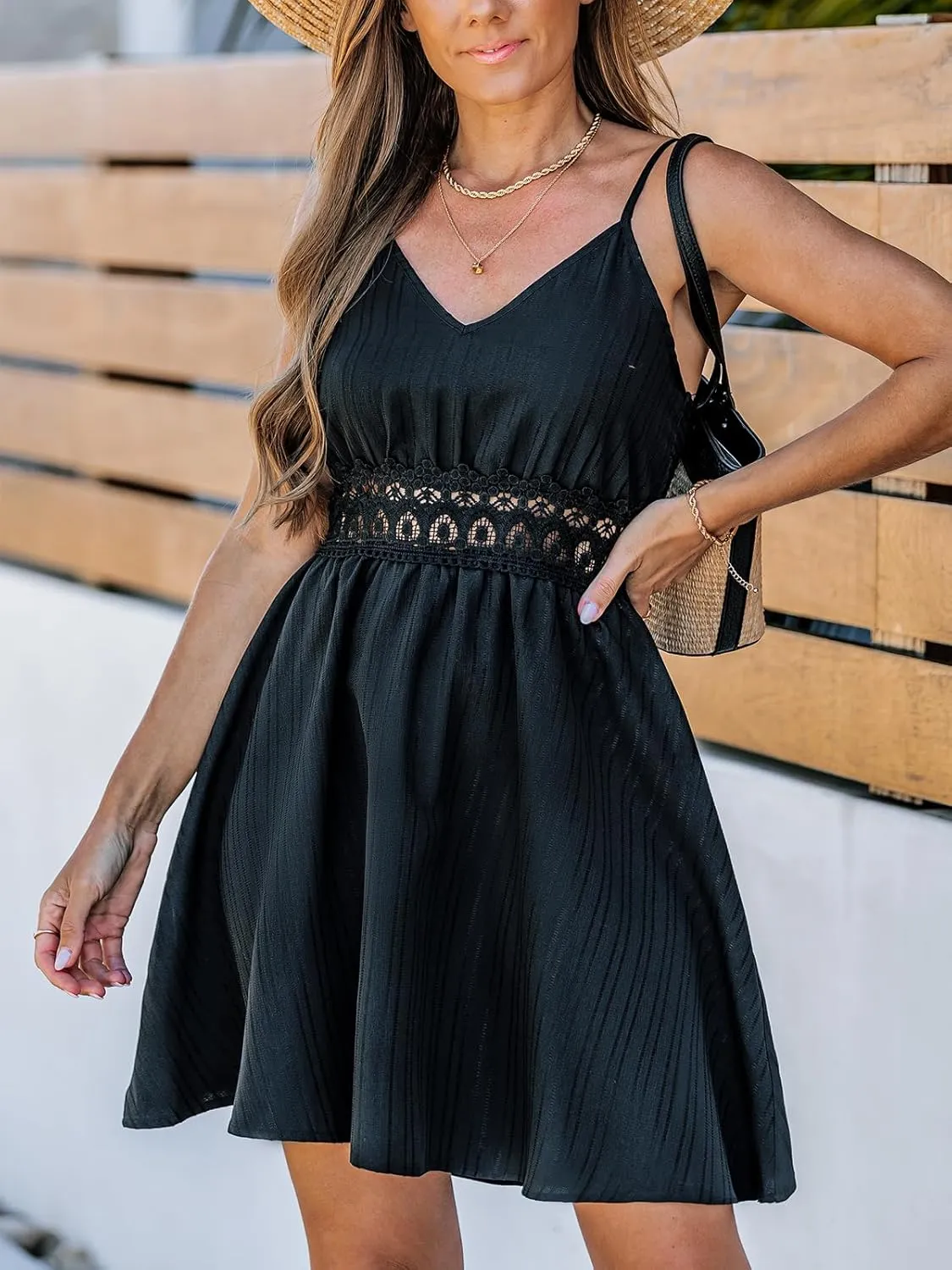 CUPSHE Women Spaghetti Strap Summer Dress 2025 V Neck Backless Elastic Waist Lace Cutout Casual Sundress Holiday Mini Dress