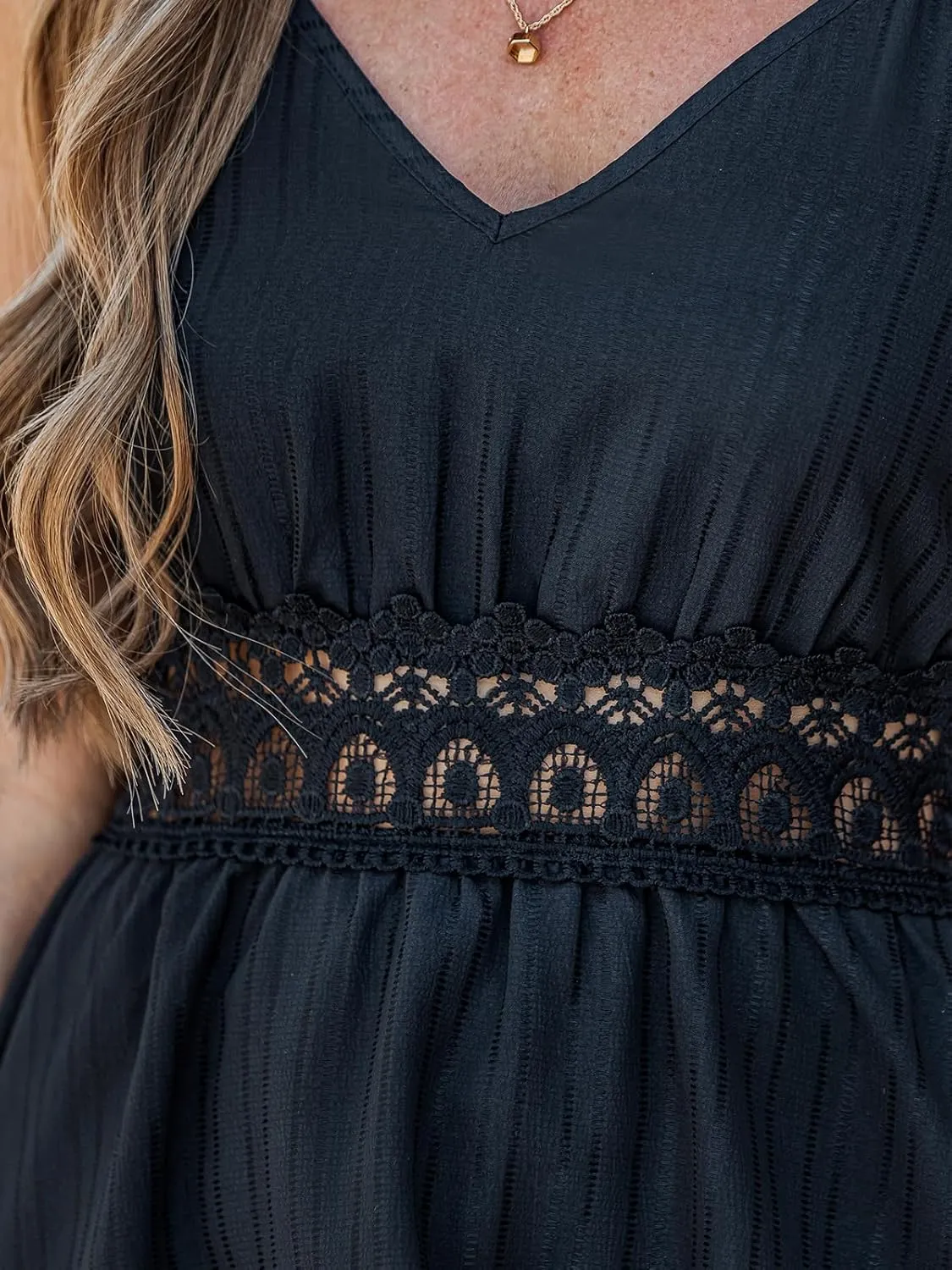 CUPSHE Women Spaghetti Strap Summer Dress 2025 V Neck Backless Elastic Waist Lace Cutout Casual Sundress Holiday Mini Dress