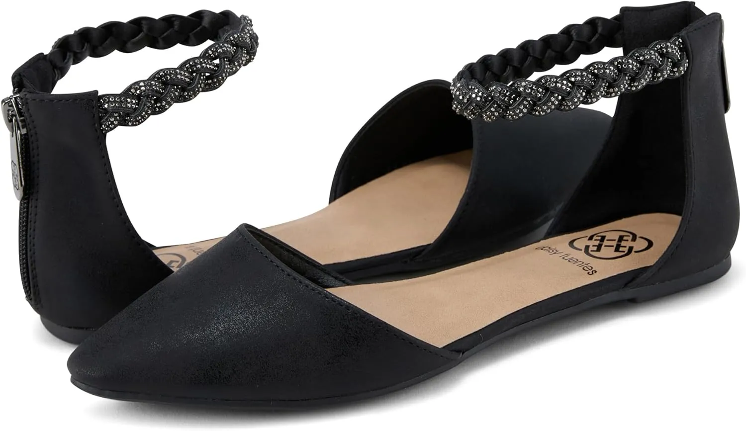 Daisy Fuentes Women’s Ankle-Strap D’Orsay Flats – Braided Embellished Strap, Pointed Toe, Zipper Closure – Comfortable Casual and Dressy Shoes