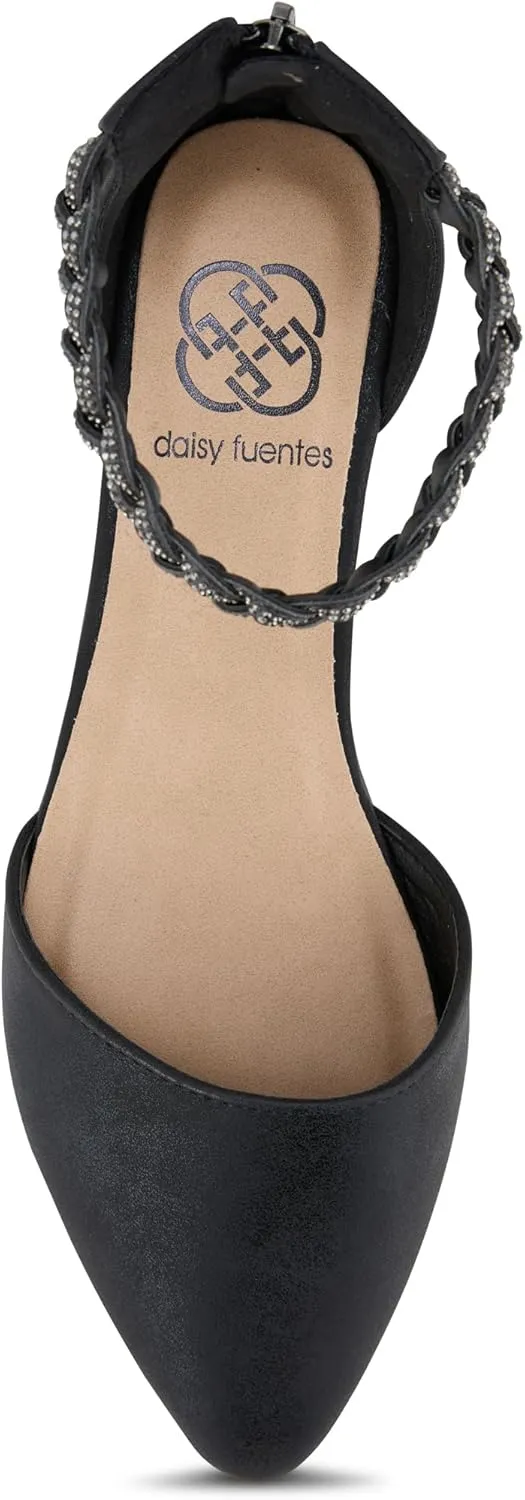 Daisy Fuentes Women’s Ankle-Strap D’Orsay Flats – Braided Embellished Strap, Pointed Toe, Zipper Closure – Comfortable Casual and Dressy Shoes