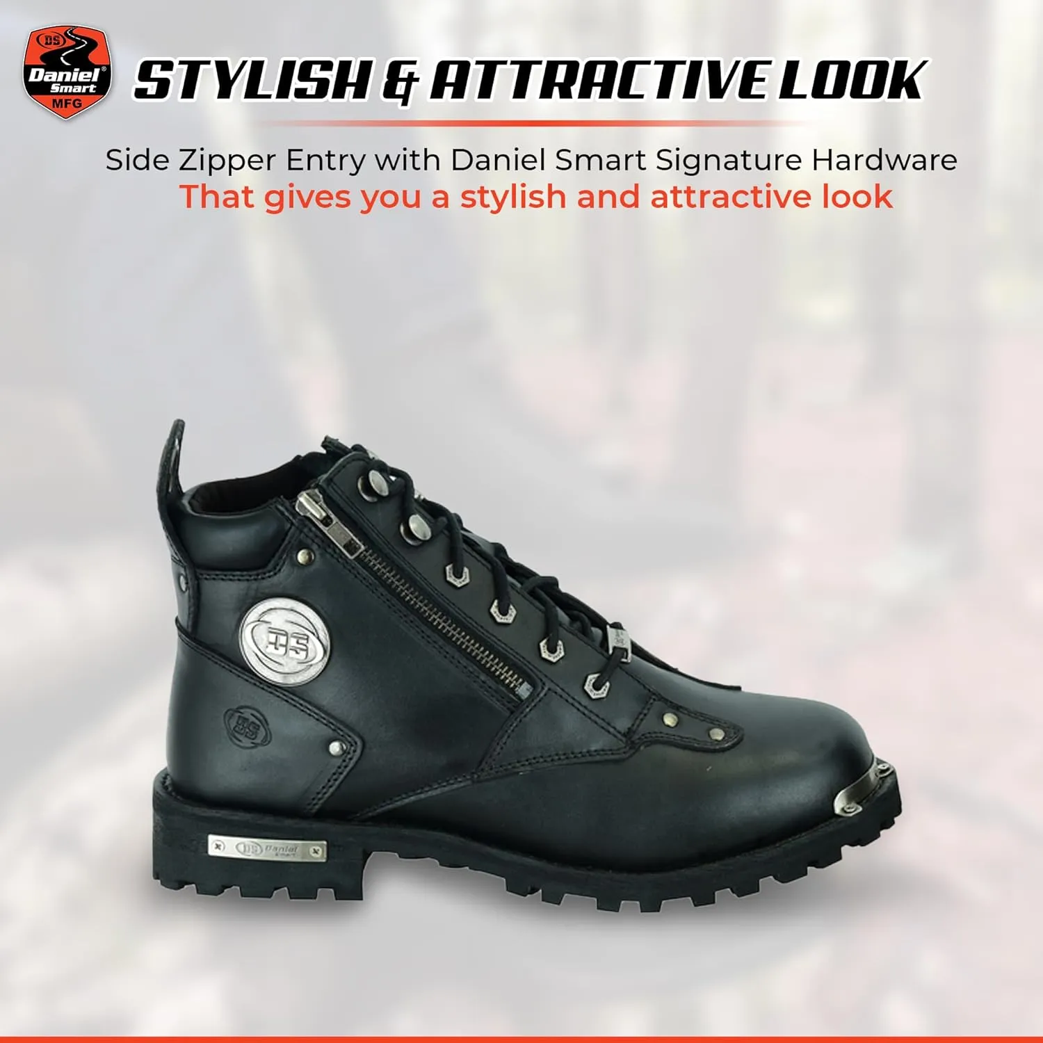 Daniel Smart Men’s Motorcycle Leather Boots – Full Grain Waterproof Boots with Side Zippers, Lace up Closure & Non Skid Outsole