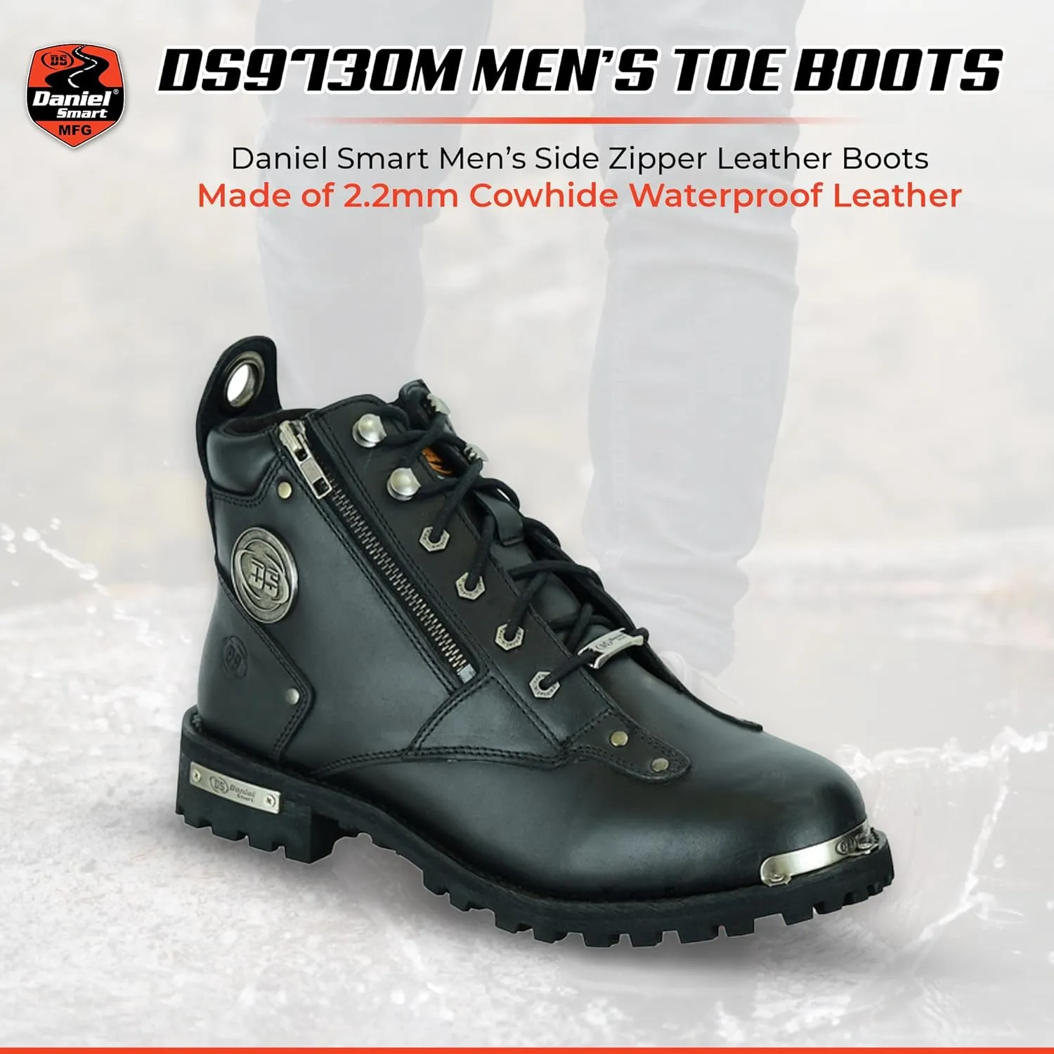 Daniel Smart Men’s Motorcycle Leather Boots – Full Grain Waterproof Boots with Side Zippers, Lace up Closure & Non Skid Outsole