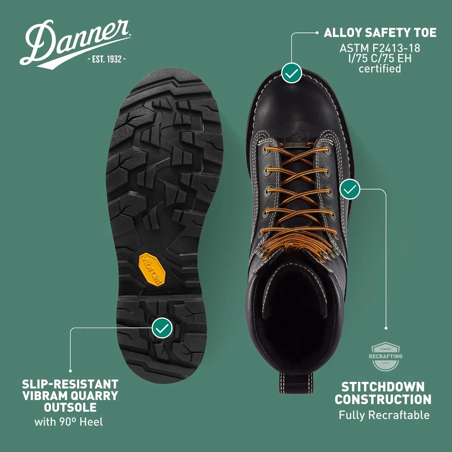 Danner 8” Quarry USA Waterproof Alloy Safety Toe Work Boots for Men - Full-Grain Leather with Gore-Tex Lining and Traction Heel Outsole, EH Resistant