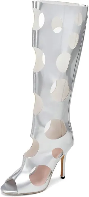 DINTAHA Peep Toe Knee High Heel Sandals Cage Sandal Heels Open Toe Knee High Stiletto Boots