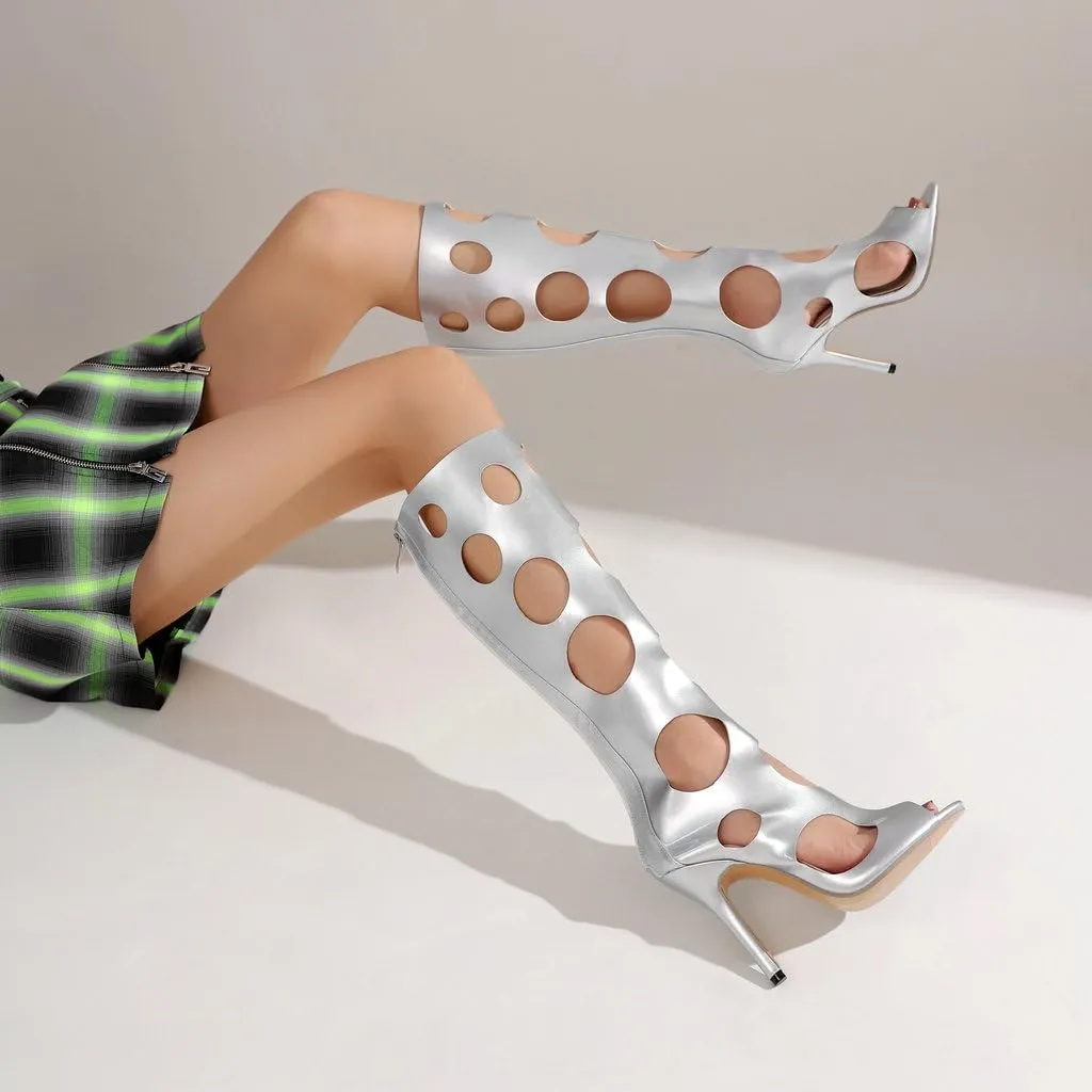 DINTAHA Peep Toe Knee High Heel Sandals Cage Sandal Heels Open Toe Knee High Stiletto Boots