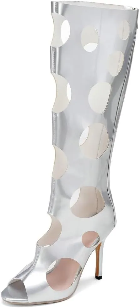 DINTAHA Peep Toe Knee High Heel Sandals Cage Sandal Heels Open Toe Knee High Stiletto Boots