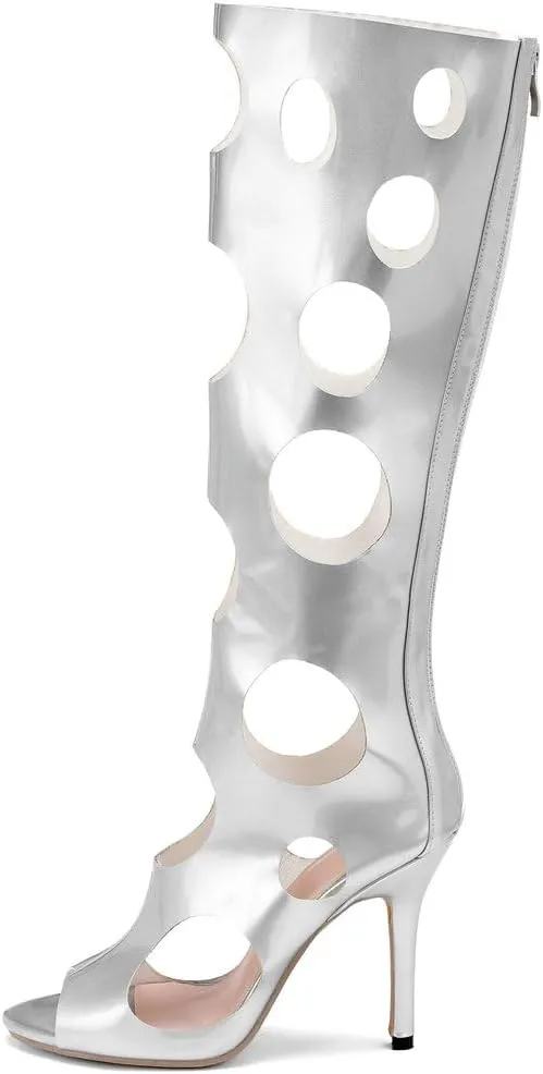 DINTAHA Peep Toe Knee High Heel Sandals Cage Sandal Heels Open Toe Knee High Stiletto Boots