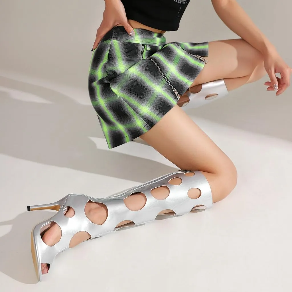 DINTAHA Peep Toe Knee High Heel Sandals Cage Sandal Heels Open Toe Knee High Stiletto Boots