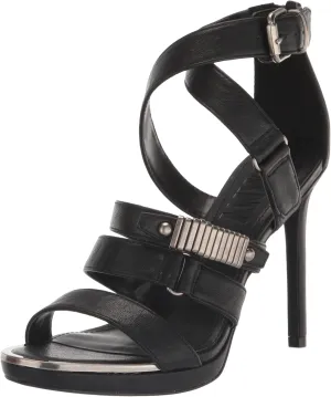DKNY Women's Silver Detail Strappy Buckle Open Toe Heel Heeled Sandal