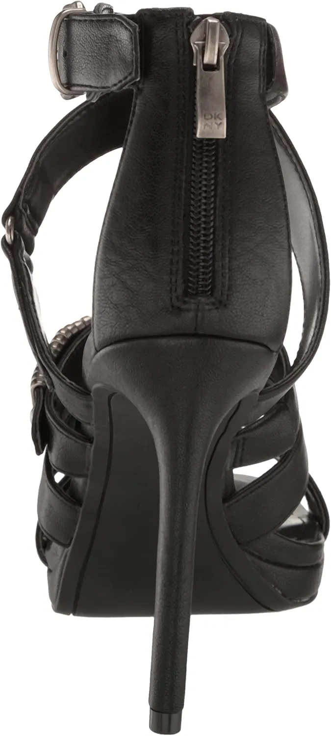 DKNY Women's Silver Detail Strappy Buckle Open Toe Heel Heeled Sandal
