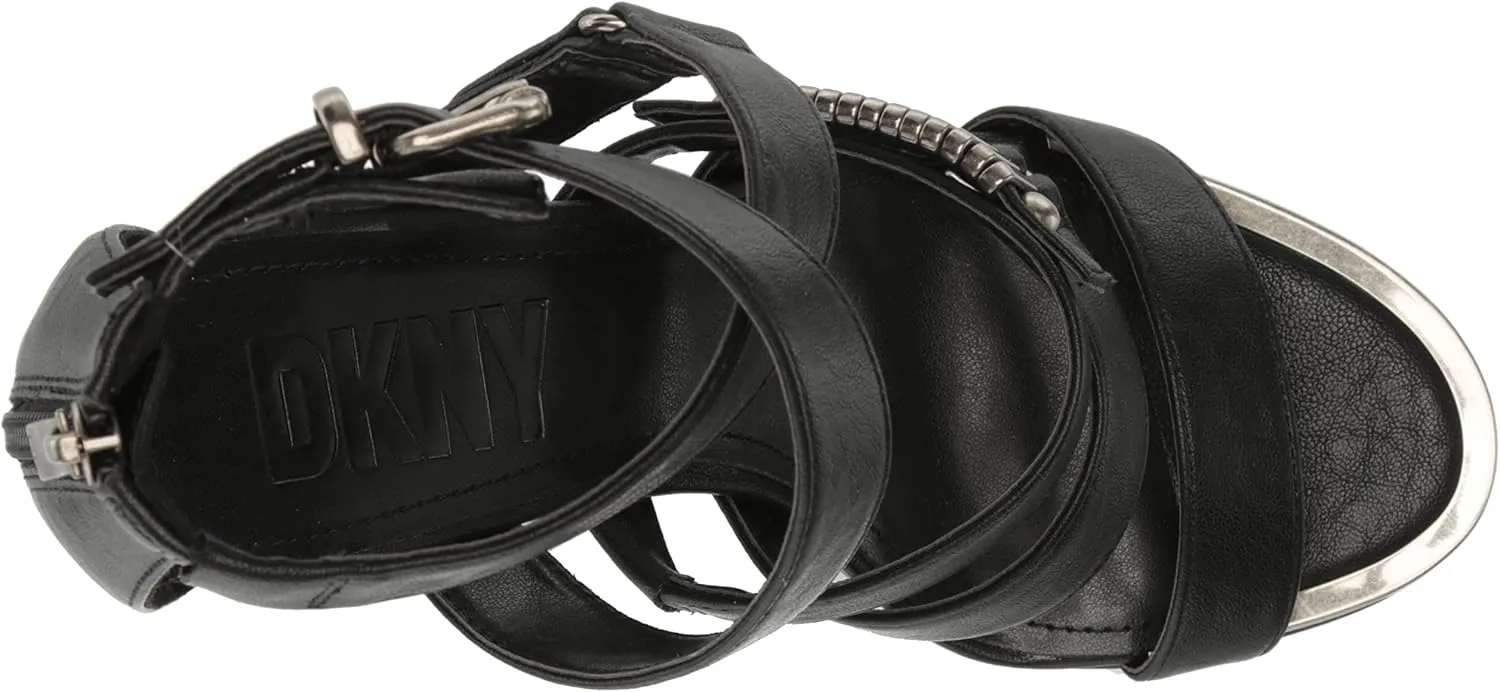 DKNY Women's Silver Detail Strappy Buckle Open Toe Heel Heeled Sandal
