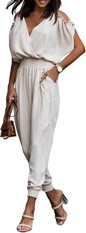 Dokotoo Jumpsuit for Womens Dressy Casual 2025 One Piece Romper Cold Shoulder Outfits for Summer
