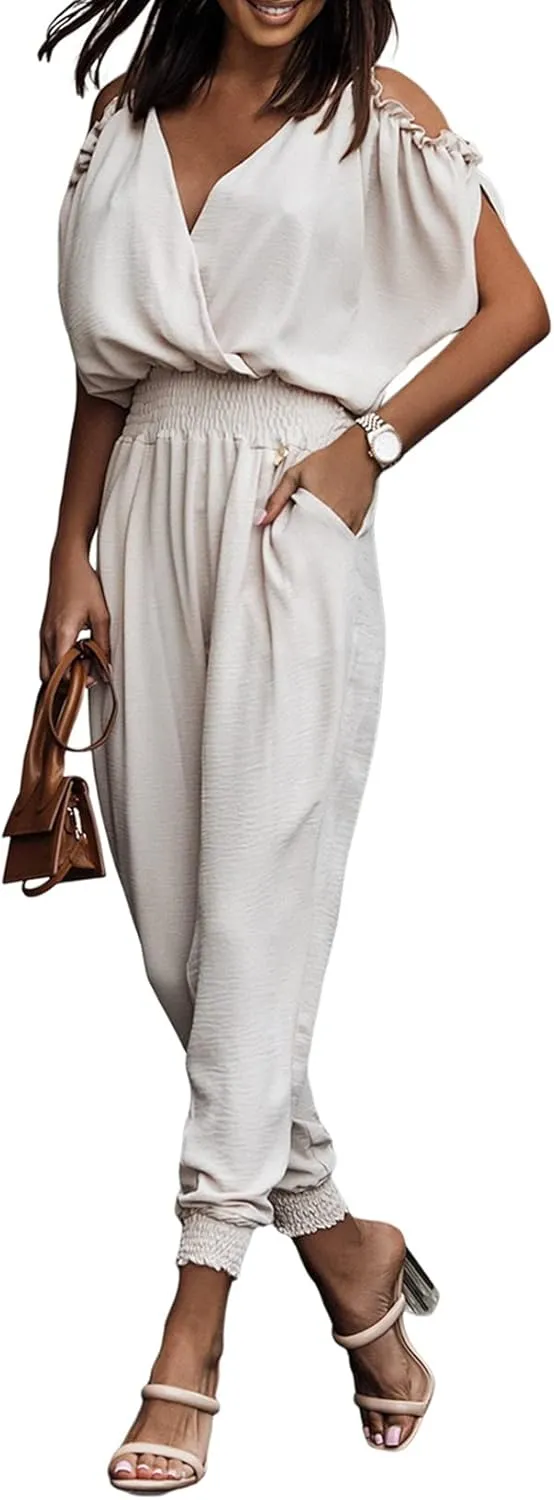 Dokotoo Jumpsuit for Womens Dressy Casual 2025 One Piece Romper Cold Shoulder Outfits for Summer