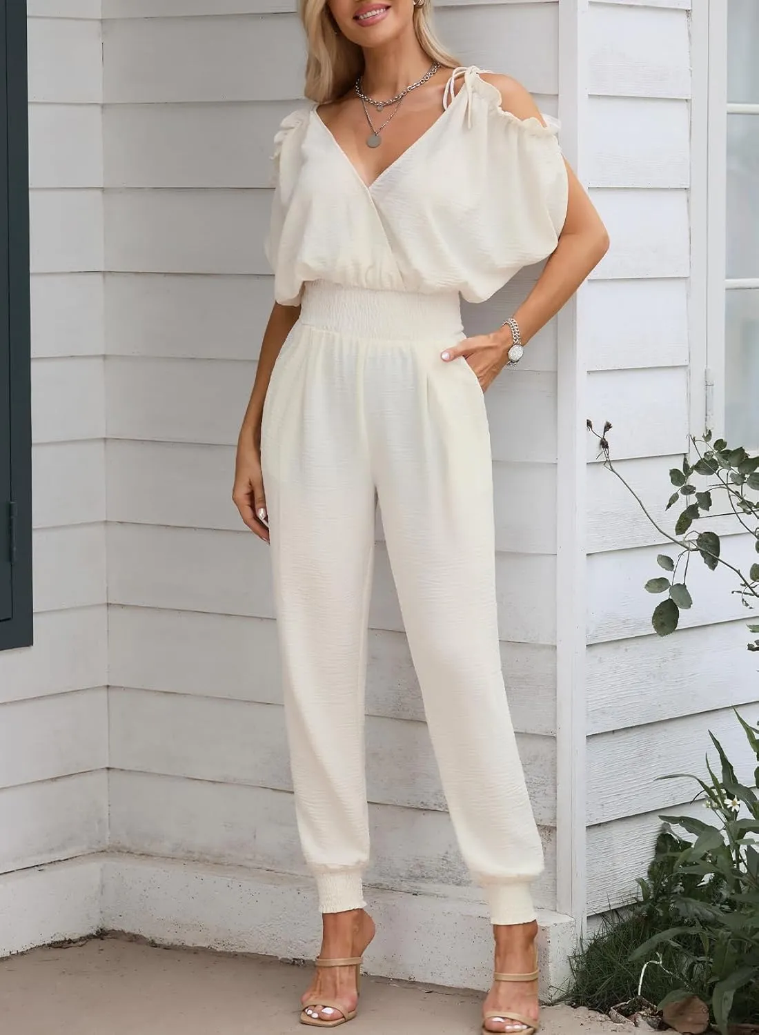 Dokotoo Jumpsuit for Womens Dressy Casual 2025 One Piece Romper Cold Shoulder Outfits for Summer